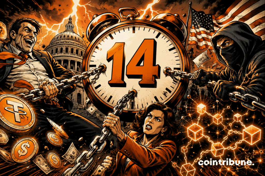 Illustration of the CLARITY Act vote scheduled for May 14, featuring a giant clock, the U.S. Capitol, crypto symbols, stablecoins, and DeFi elements under tension.