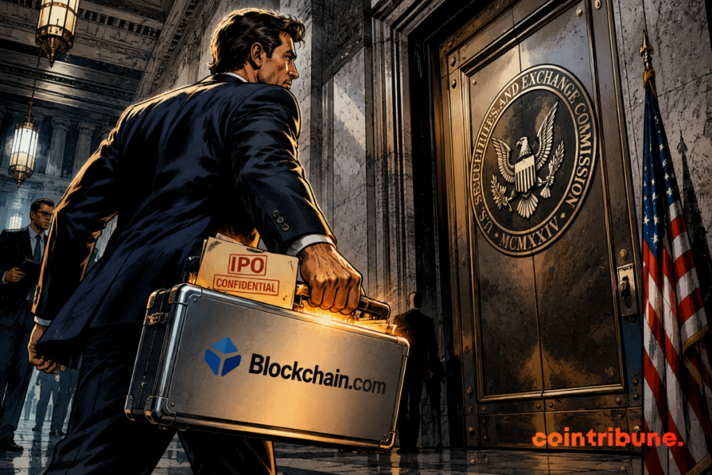 Un dirigeant transporte discrètement un dossier d’introduction en bourse vers la SEC dans une atmosphère tendue mêlant finance et crypto