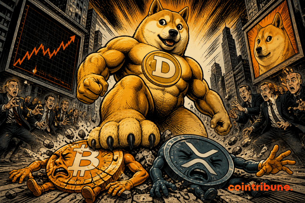 Un Dogecoin géant domine la scène, écrasant Bitcoin et XRP au sol, tandis que des foules paniquées assistent à sa victoire écrasante
