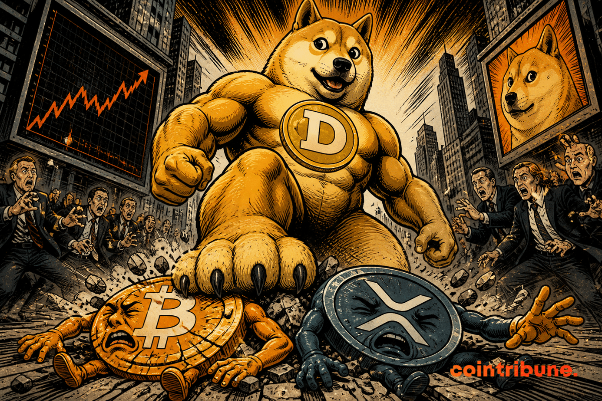 A giant Dogecoin dominates the scene, crushing Bitcoin and XRP to the ground, while panicked crowds watch its crushing victory