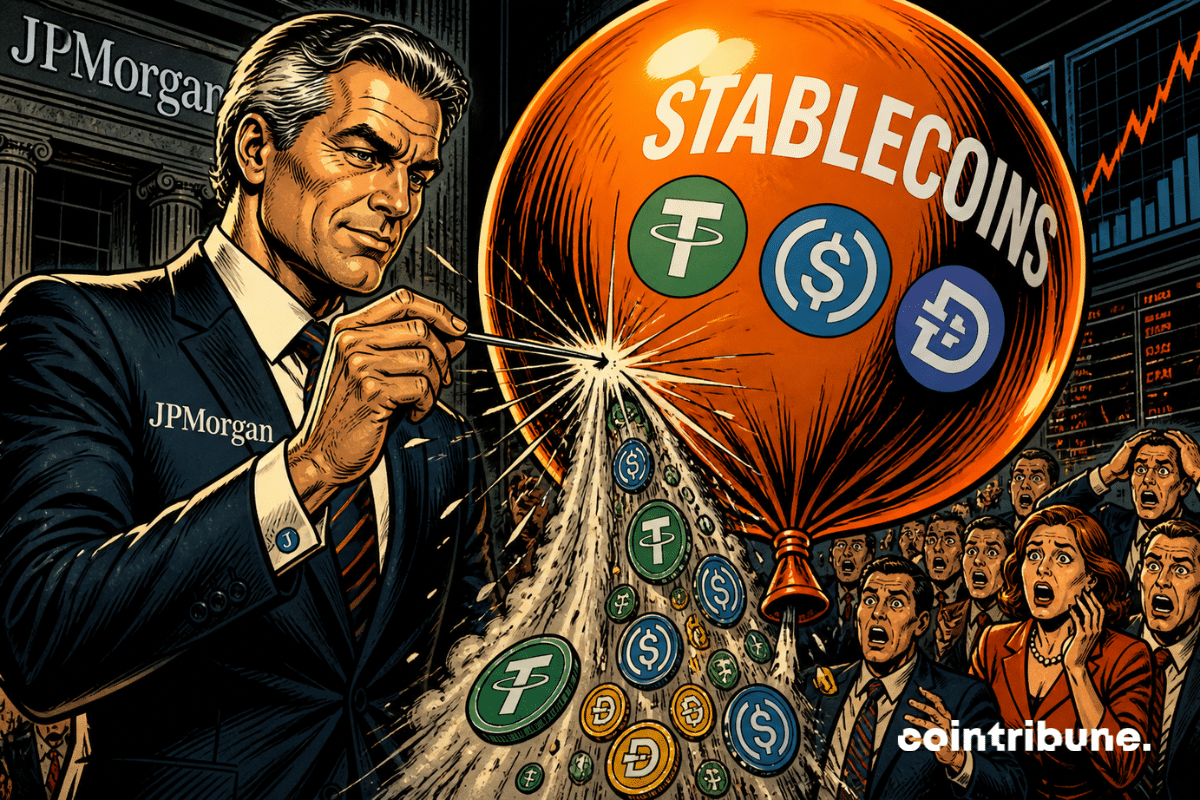 Un banquier perce un ballon géant de stablecoins, provoquant panique générale tandis que des investisseurs choqués observent l’illusion s’effondrer brutalement