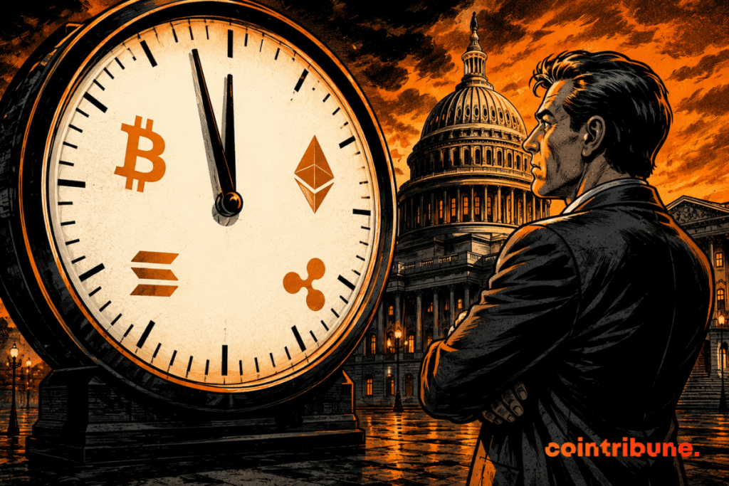 Un homme observe une immense horloge menaçante devant le Capitole, tandis que le temps semble décider du destin des cryptomonnaies américaines