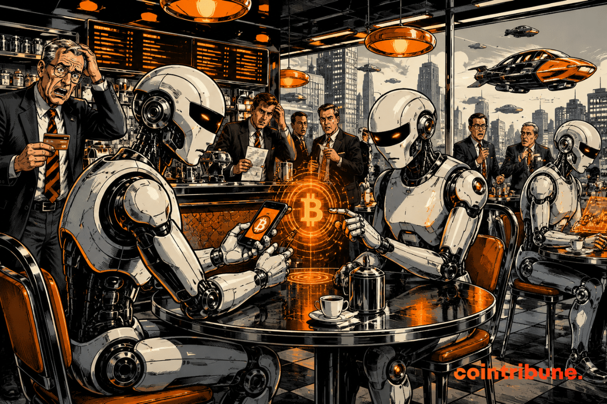 Robots casually trade cryptocurrencies in a futuristic café, while bewildered humans watch their silent technological advancement