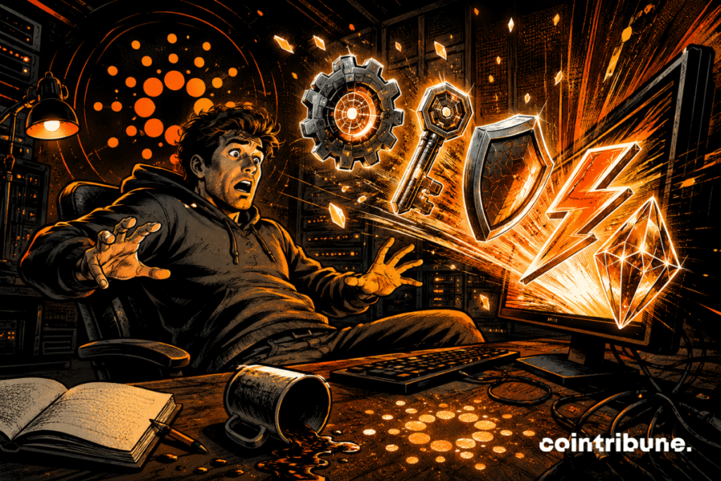 Comic-style illustration of a surprised developer facing five glowing artifacts emerging from a screen, symbolizing the Plutus upgrade on Cardano.