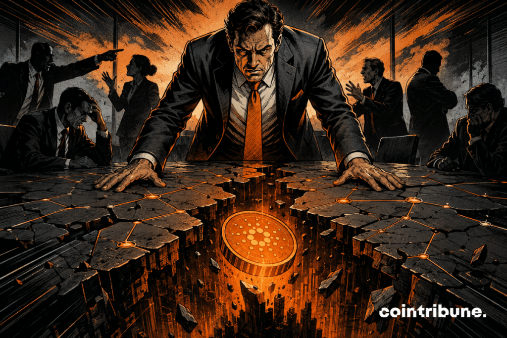 Illustration comics d’une réunion crypto tendue, avec une table fissurée et une pièce Cardano orange au centre.