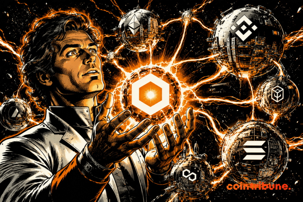 Futuristic illustration depicting Chainlink connected to multiple blockchain networks, with spheres displaying various crypto logos and energy flows linking the chains.