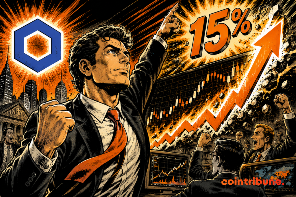 Illustration showing Chainlink’s rise in the crypto market, with an upward chart, the project’s logo, and a 15% increase.