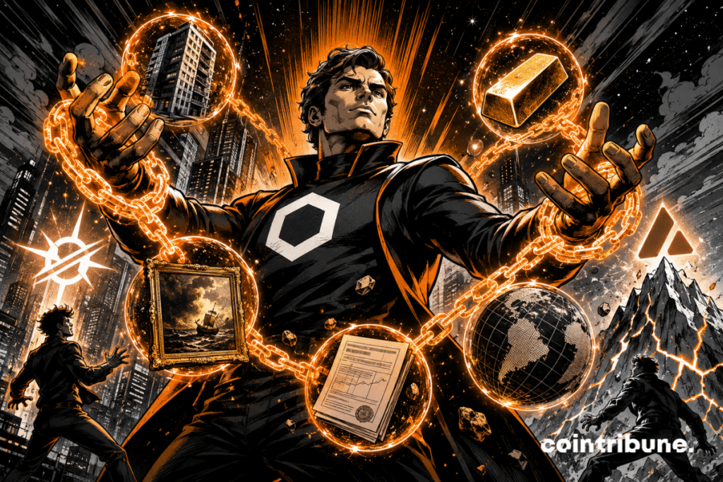 Illustration comics montrant un personnage dominant reliant immeuble, lingot et globe par chainlink , face à Stellar et Avalanche.