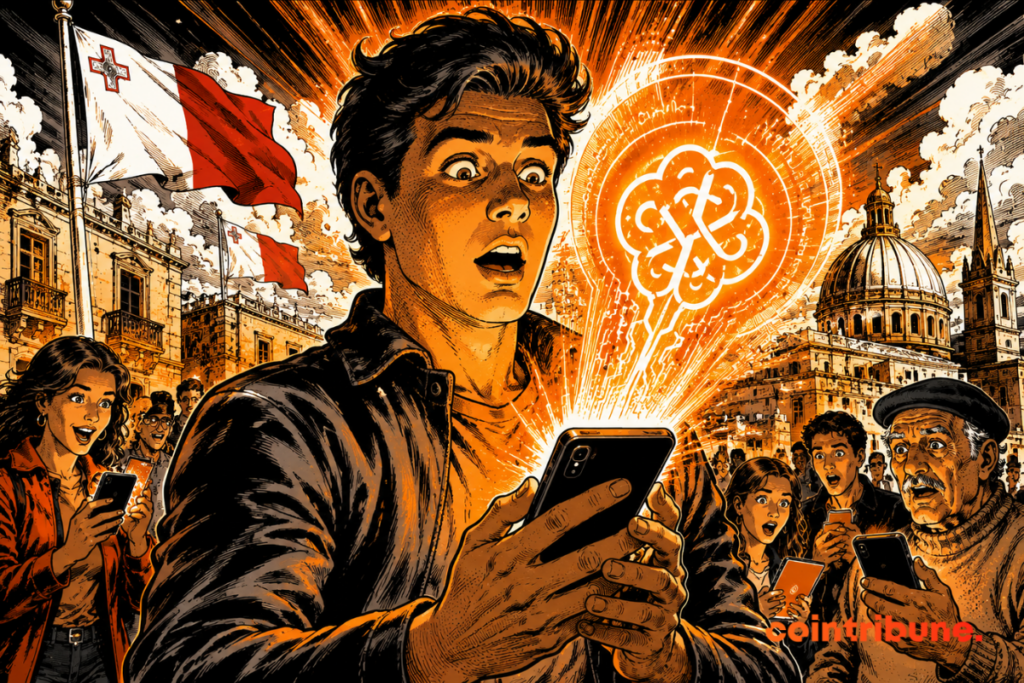 Illustration of Maltese citizens discovering ChatGPT on their smartphones, symbolizing free access to artificial intelligence through the partnership between Malta and OpenAI.