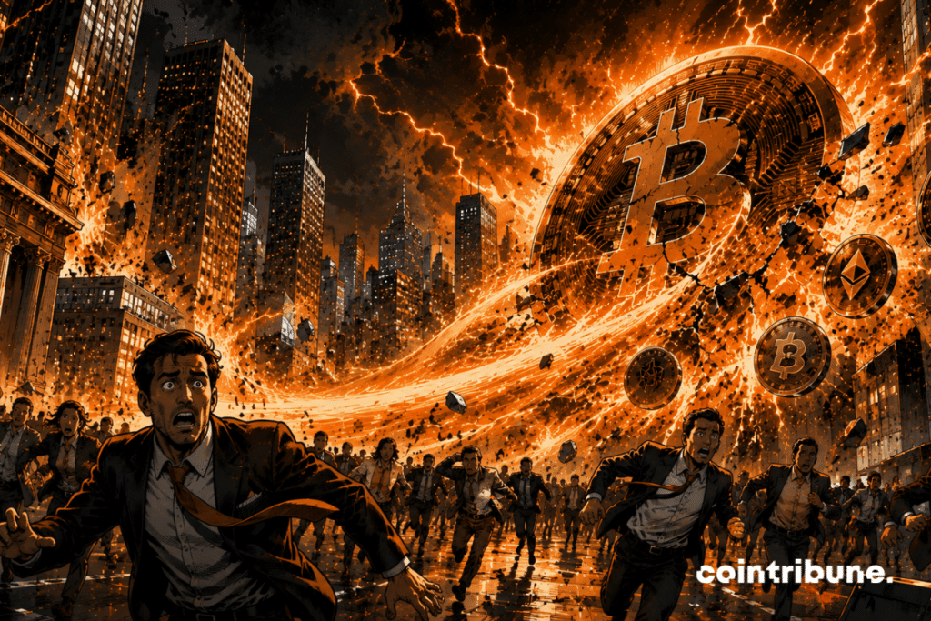 In a futuristic Wall Street plunged into chaos, investors run in multiple directions. A massive shockwave tears through cracked crypto structures.