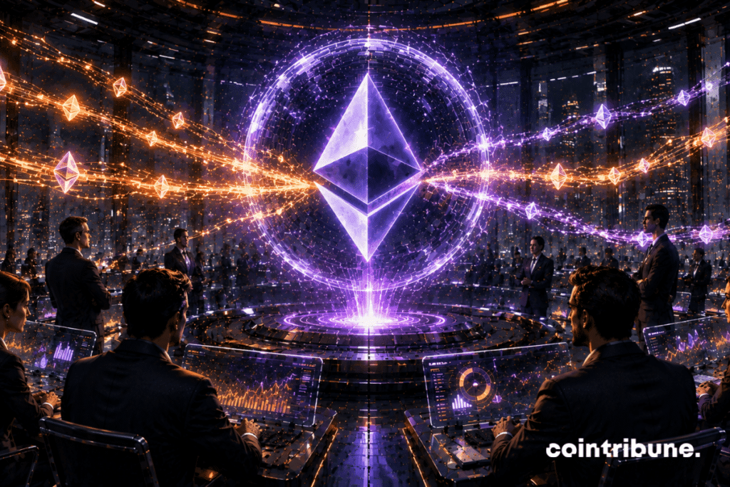 In a massive futuristic crypto trading hall, institutional investors calmly accumulate glowing Ethereum assets while the market remains volatile.