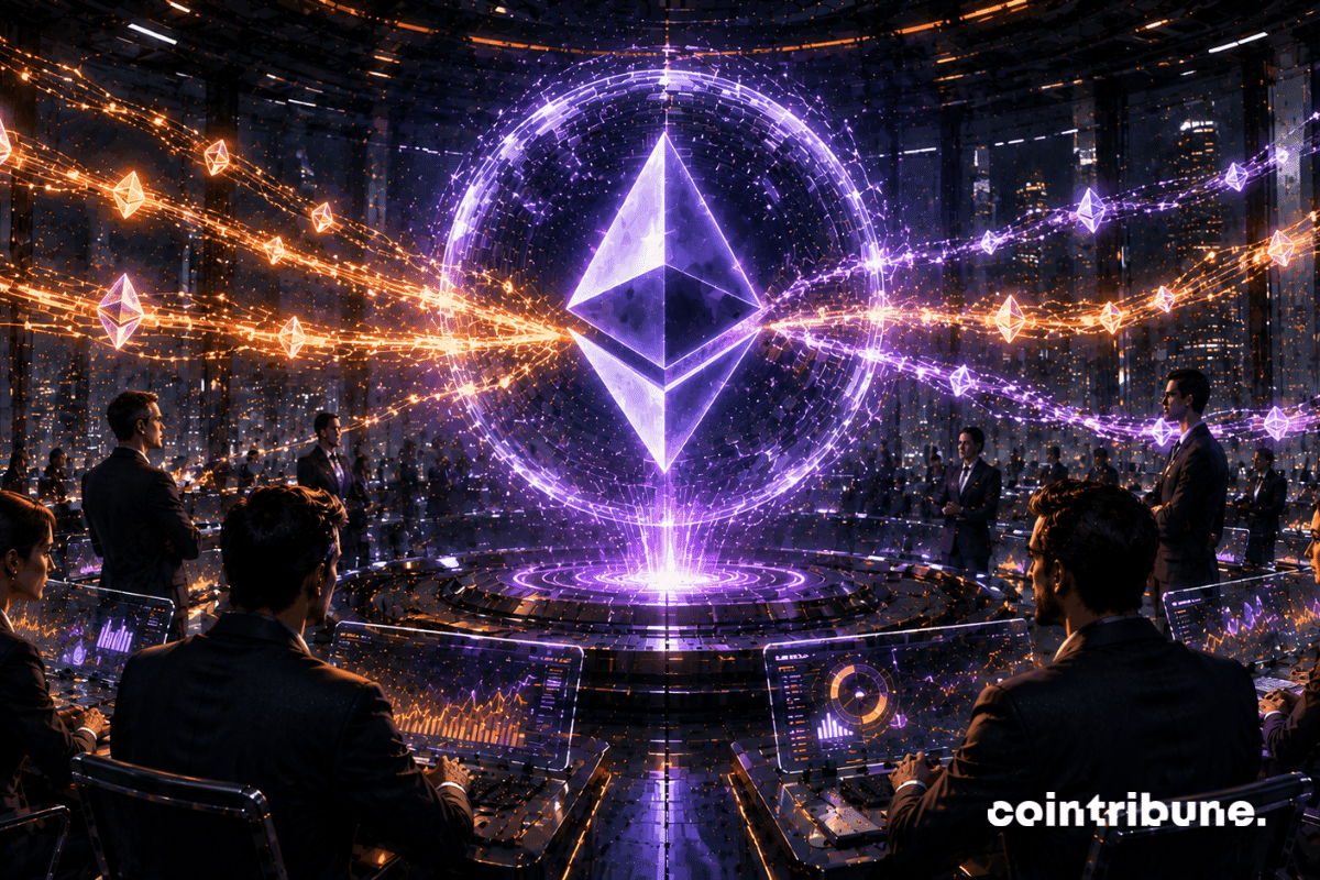 Dans une immense salle financière crypto futuriste, des investisseurs institutionnels accumulent calmement des actifs Ethereum lumineux pendant que le marché reste volatile.
