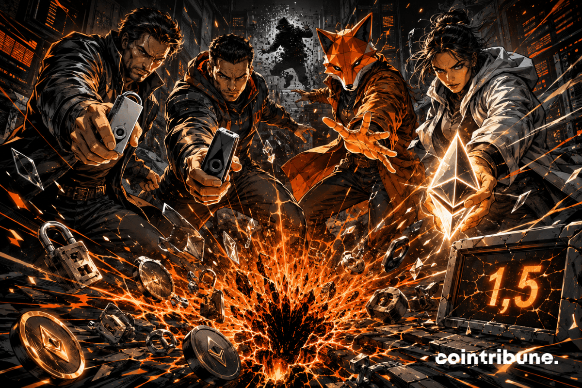 Comic-style illustration showing four crypto defenders sealing an orange digital breach, with hardware wallets, a fox mask, an Ethereum crystal, and the number 1.5.