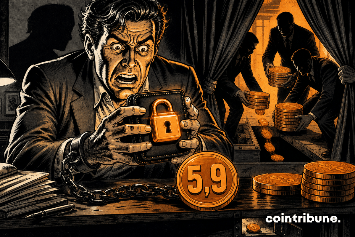 A panicked investor holds a locked crypto wallet.