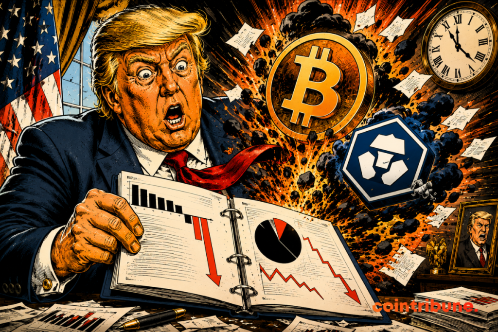 Illustration of Donald Trump and Trump Media, showing falling charts with Bitcoin and CRO symbols linked to the group’s crypto losses.