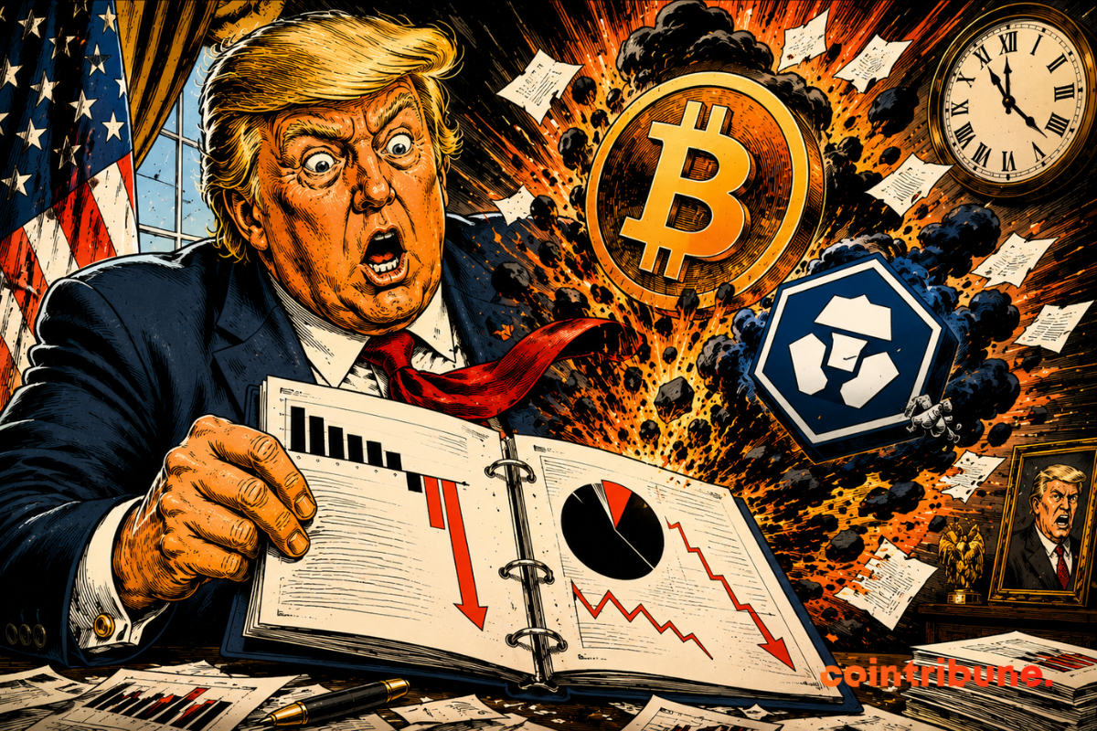 Illustration of Donald Trump and Trump Media, showing falling charts with Bitcoin and CRO symbols linked to the group’s crypto losses.