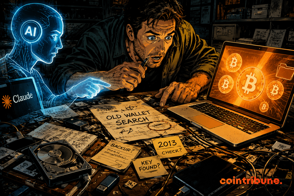 A man searches an old wallet using holographic AI, suddenly discovering five forgotten bitcoins amid a chaotic digital landscape