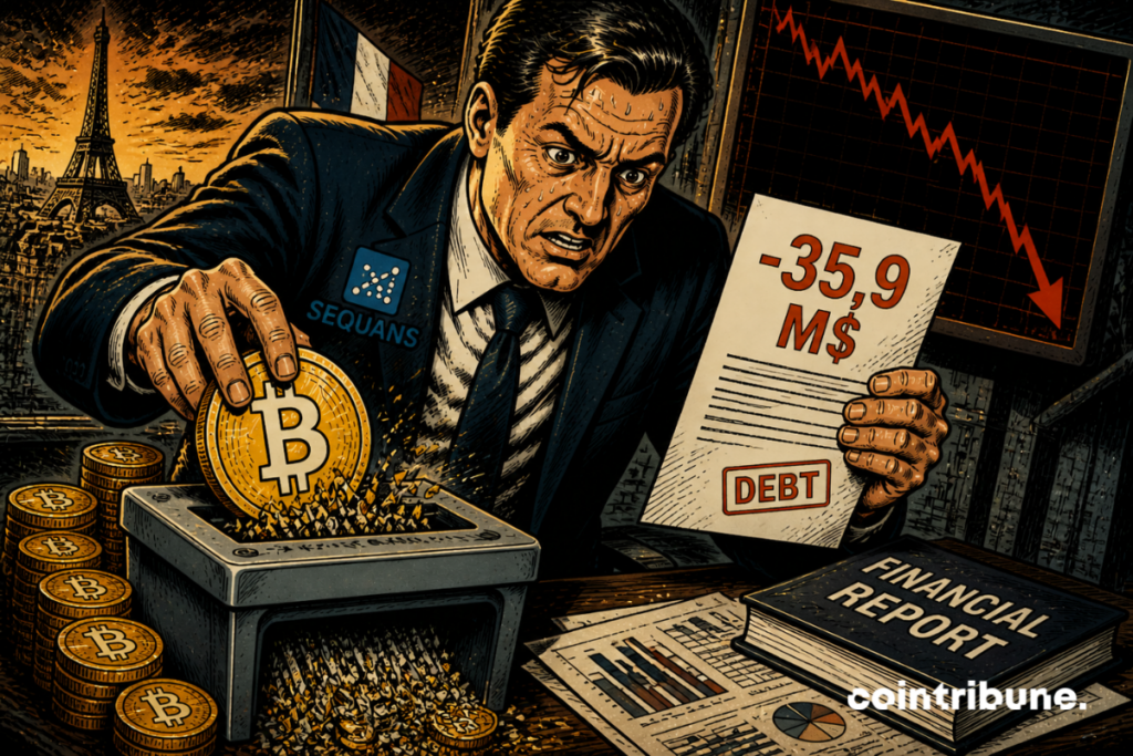 Um homem em crise destrói um Bitcoin em uma trituradora, cercado por dívidas e gráficos financeiros em queda.