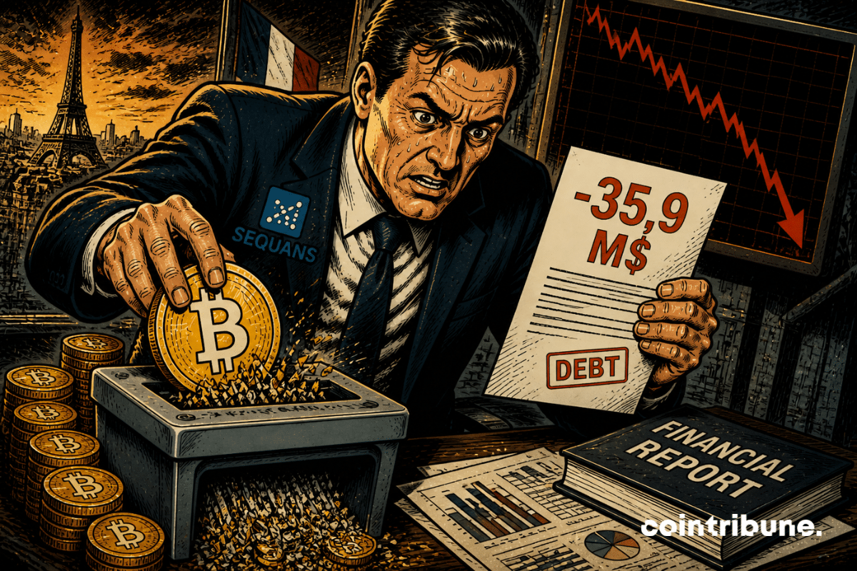 Un homme en crise détruit un Bitcoin dans un shredder, entouré de dettes et de graphiques financiers en chute.