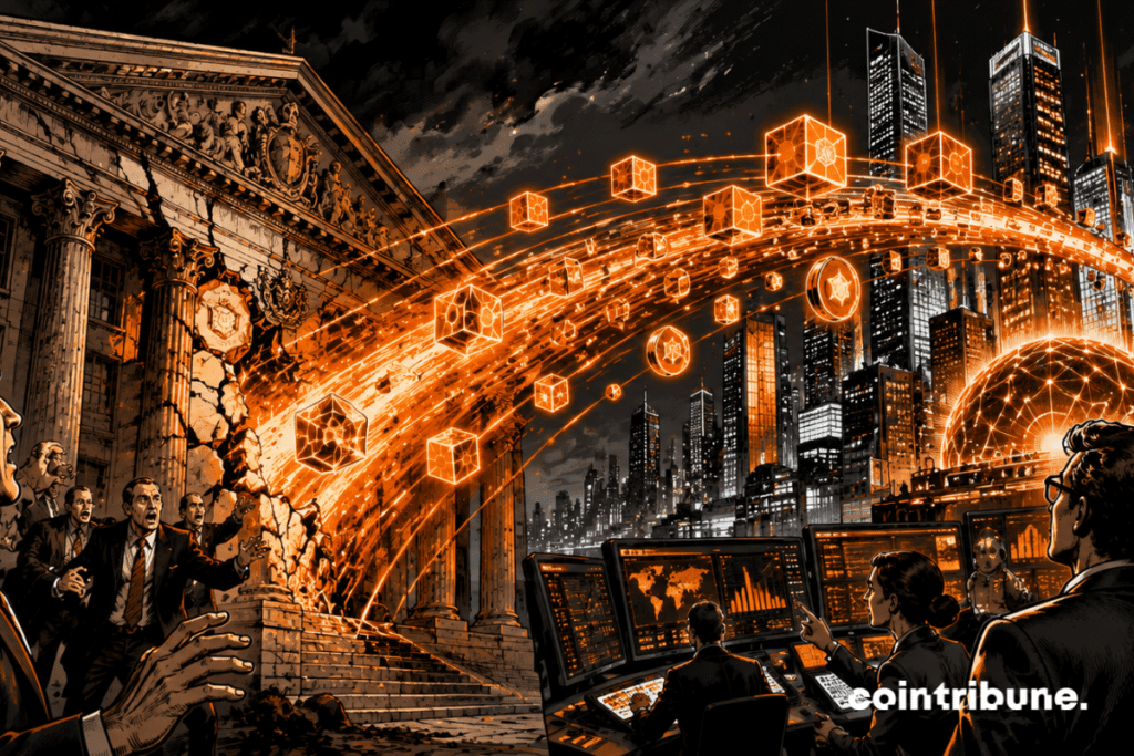 traditional banking, energy bridge, tokenization, blockchain, futuristic city, digital traders, financial transformation, innovation, cyberpunk, spectacular global modernization