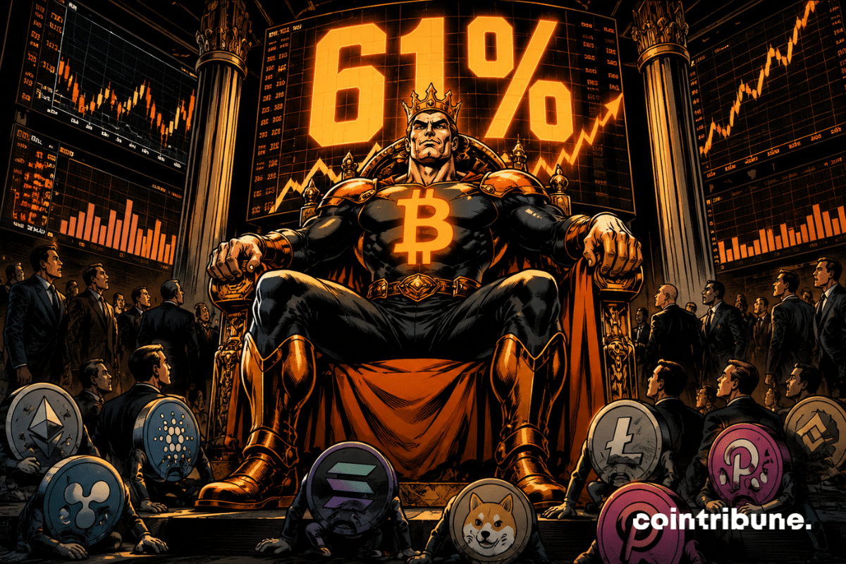 A colossal Bitcoin king dominates the trading floor, while traders and weakened altcoins silently watch its absolute, overwhelming power