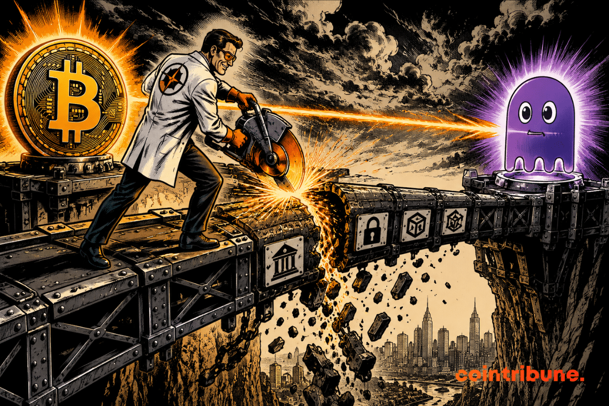Illustration de Bitcoin et de la DeFi montrant un chercheur coupant un pont sécurisé entre deux plateformes, en référence à l’intégration du Bitcoin natif sur Aave via Babylon Labs.