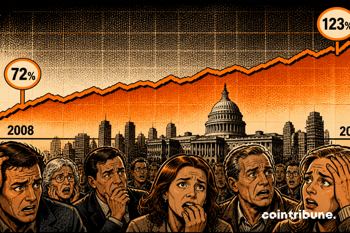 A debt curve turns into a threatening creature. It rises from 72% to 123%.