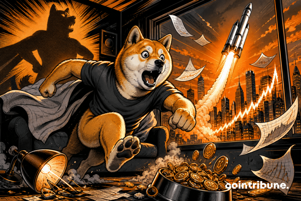 A surprised Doge jumps off a couch as a rocket lifts off in front of an orange-and-black financial city.