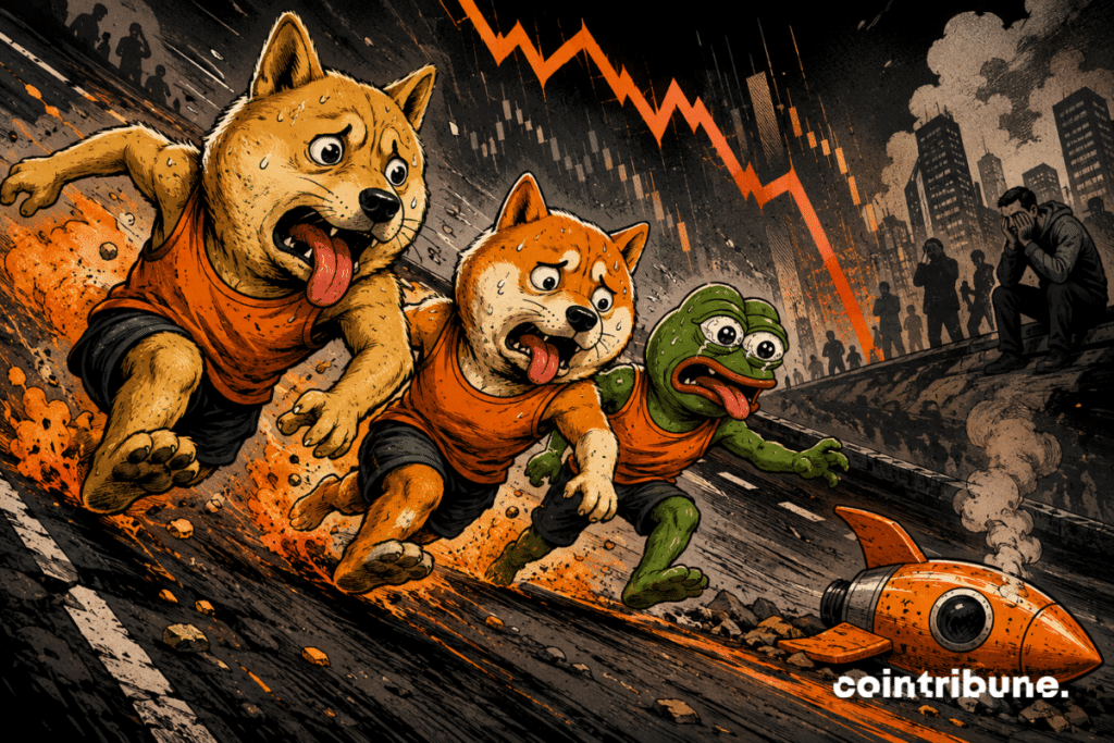 Comic-style illustration showing Dogecoin, Shiba Inu, and Pepe running exhausted on a downward slope, with a shut-down crypto rocket in the background.