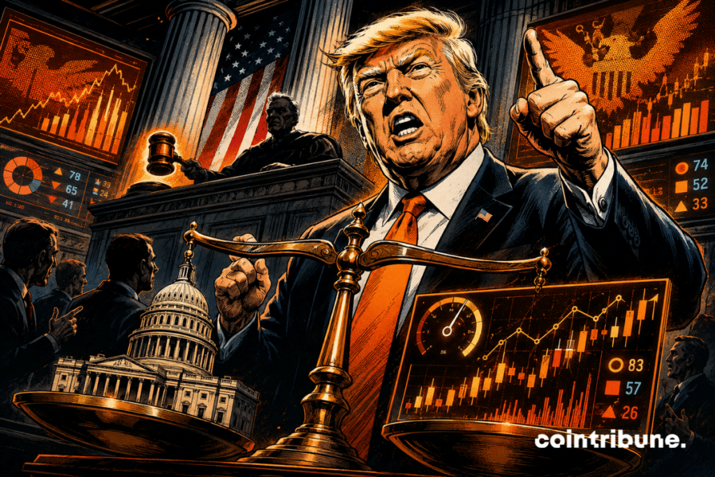 Comic-style illustration showing Trump in a federal courtroom, in front of a scale balancing the Capitol against prediction market charts.