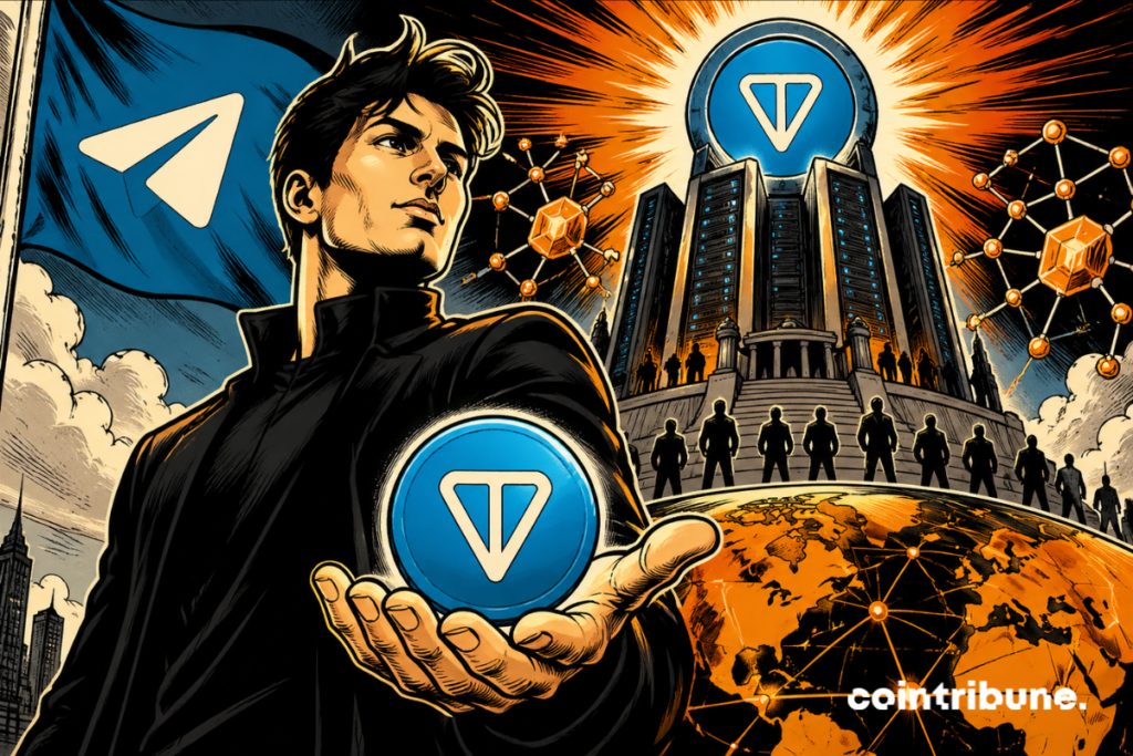 Ilustración cripto que muestra a un hombre sosteniendo el logo de TON, con el símbolo de Telegram, validadores y una red blockchain al fondo.