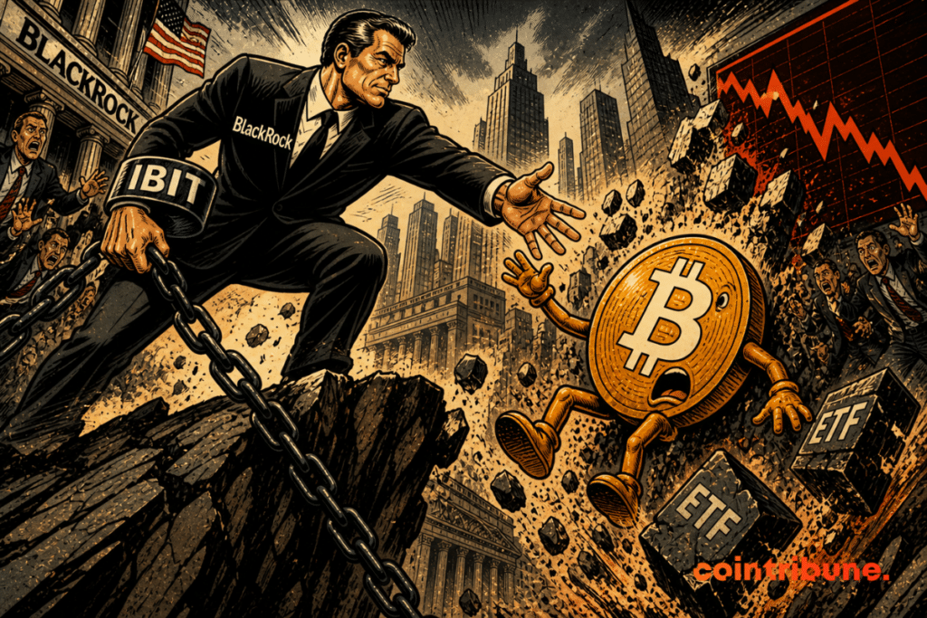 A powerful man halts a dramatic fall, catching a panicked Bitcoin on the brink of the abyss as financial chaos erupts behind him