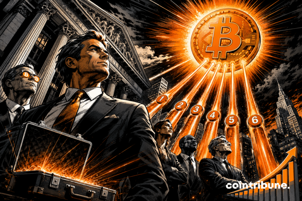 Investidores institucionais diante de um Bitcoin brilhante.