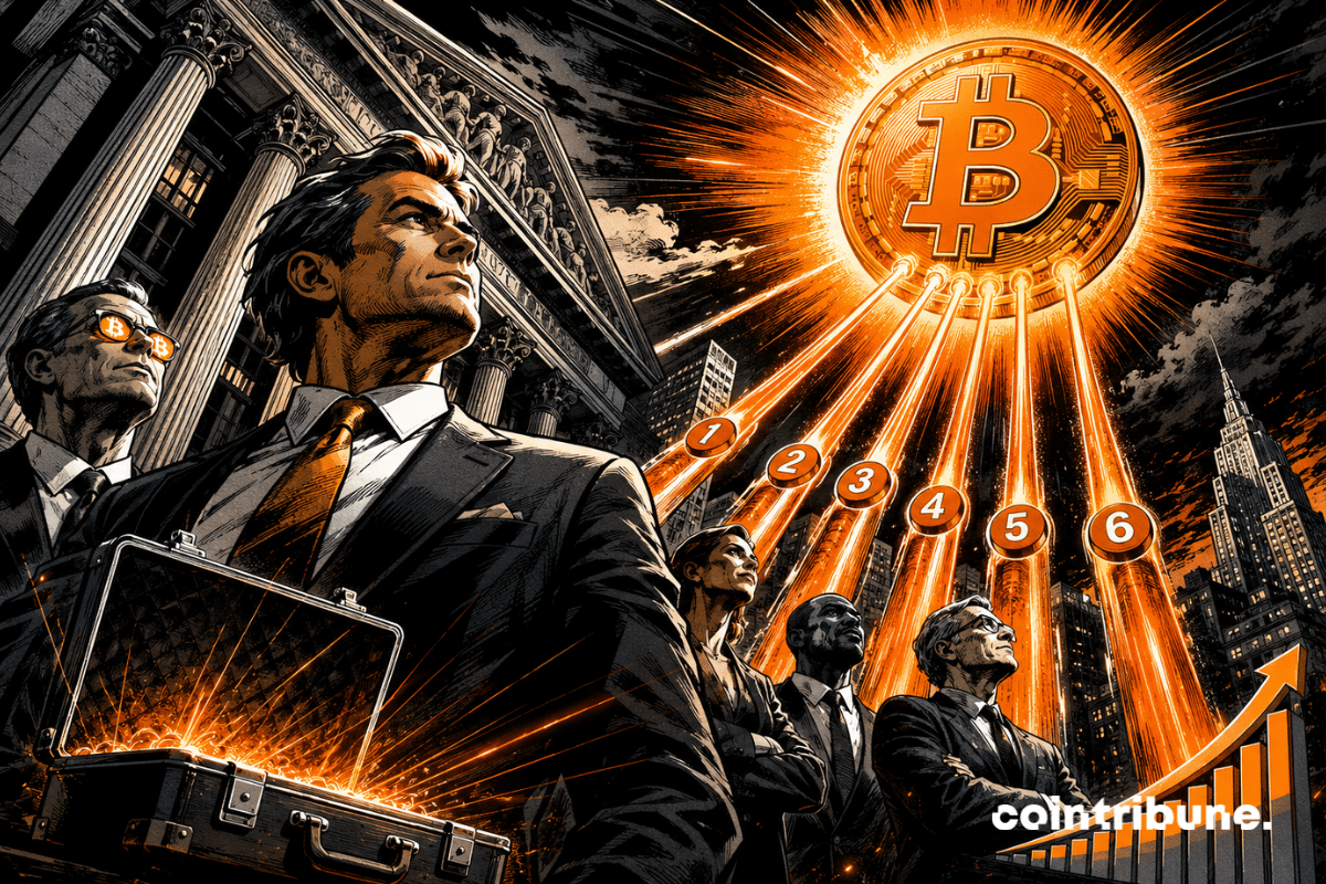 Institutional investors facing a glowing Bitcoin.