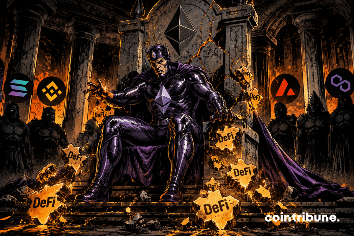 A worried Ethereum king sits on a cracked throne as DeFi fragments crumble under the gaze of menacing rivals