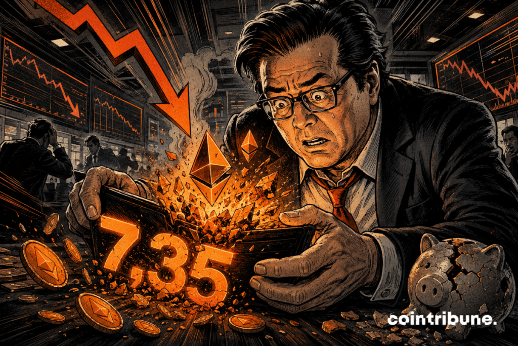 Comic-style illustration of a worried investor facing a cracked Ethereum wallet, with the number 7.35 and an orange downward arrow.