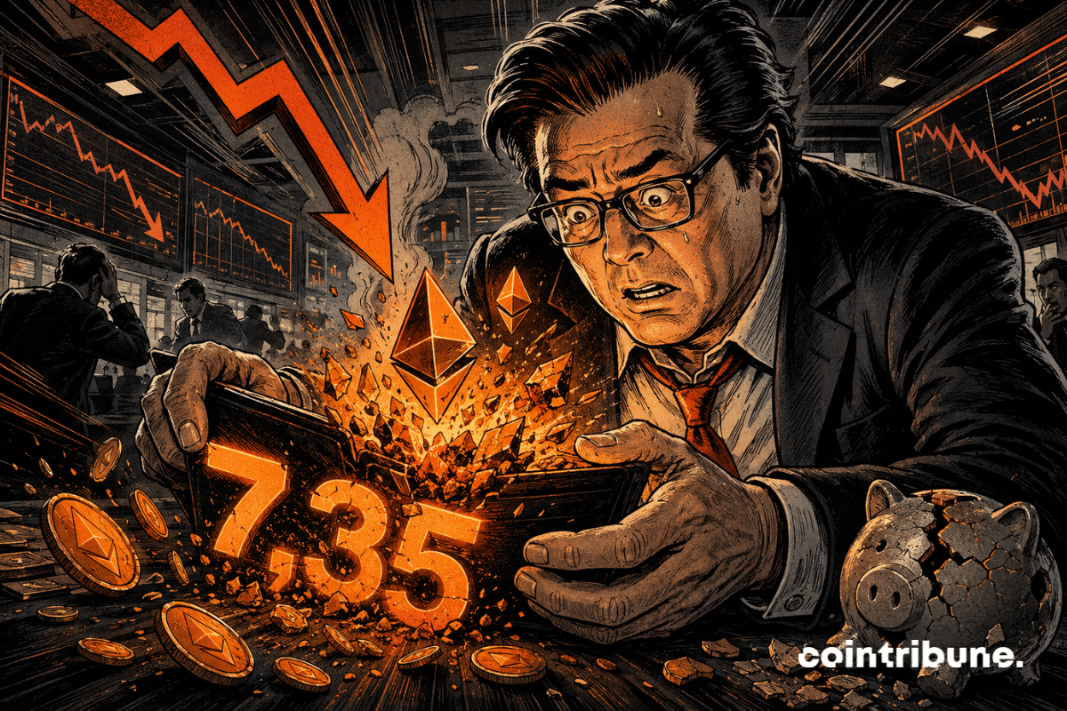 Illustration BD d’un investisseur crypto inquiet devant un portefeuille Ethereum fissuré, avec le chiffre 7,35 et une flèche descendante orange.