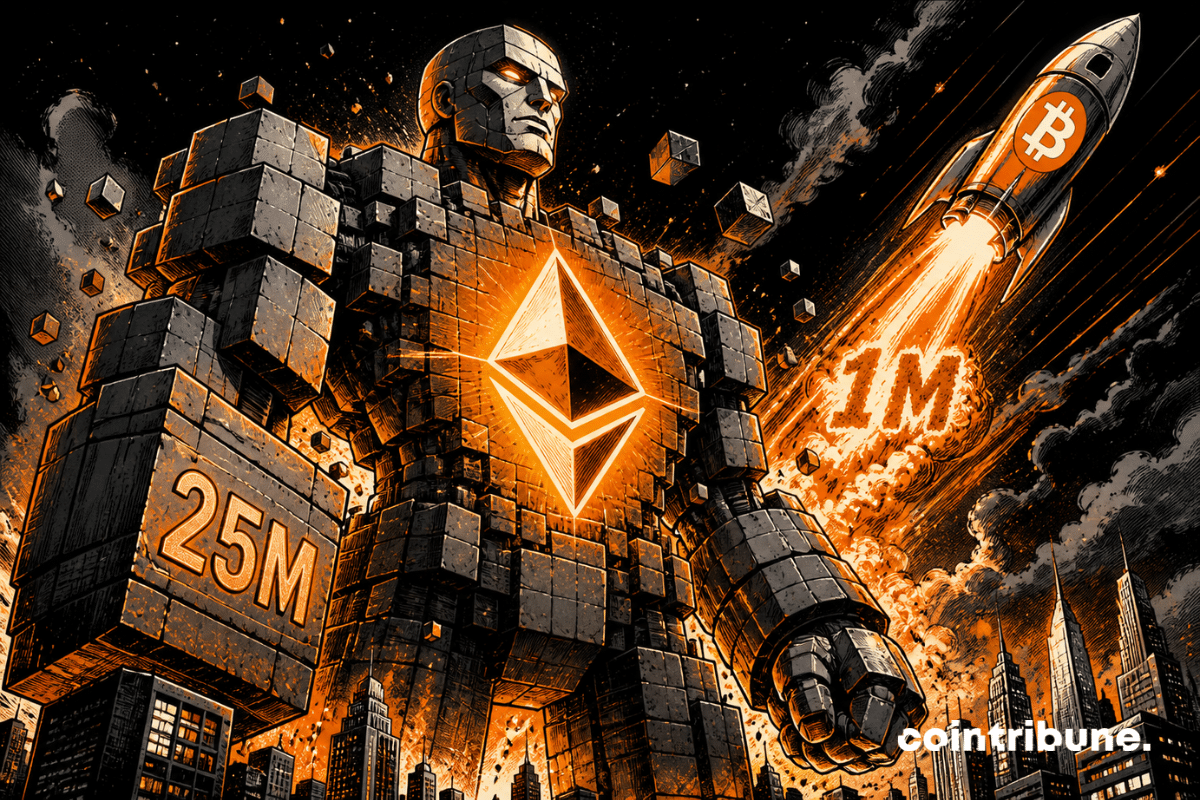 Illustration of a giant representing Ethereum with 25 million blocks, while a Bitcoin rocket aims for one million blocks.
