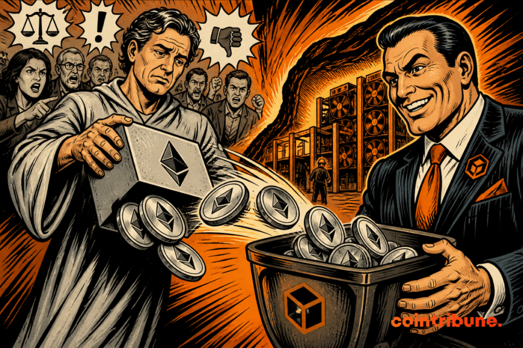 Ilustracija koja prikazuje osobu koja sipa Ethereum kovanice drugoj, simbolizirajući rasprodaju velikih razmjera, dok gomila kritizira u pozadini i pojavljuje se rudarska farma.