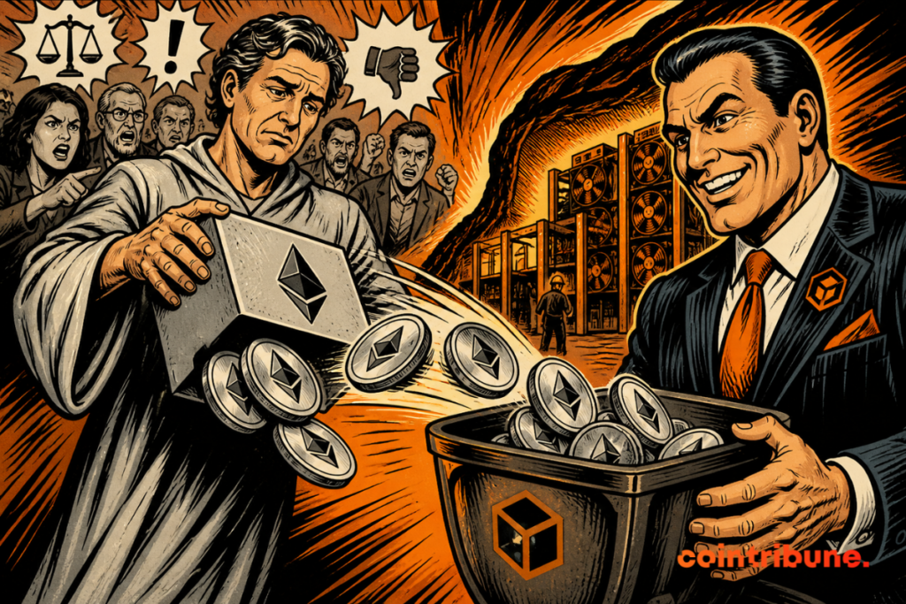 Illustration montrant une personne versant des pièces Ethereum à une autre, symbolisant une vente massive, tandis qu’une foule critique en arrière-plan et qu’une ferme de minage apparaît.