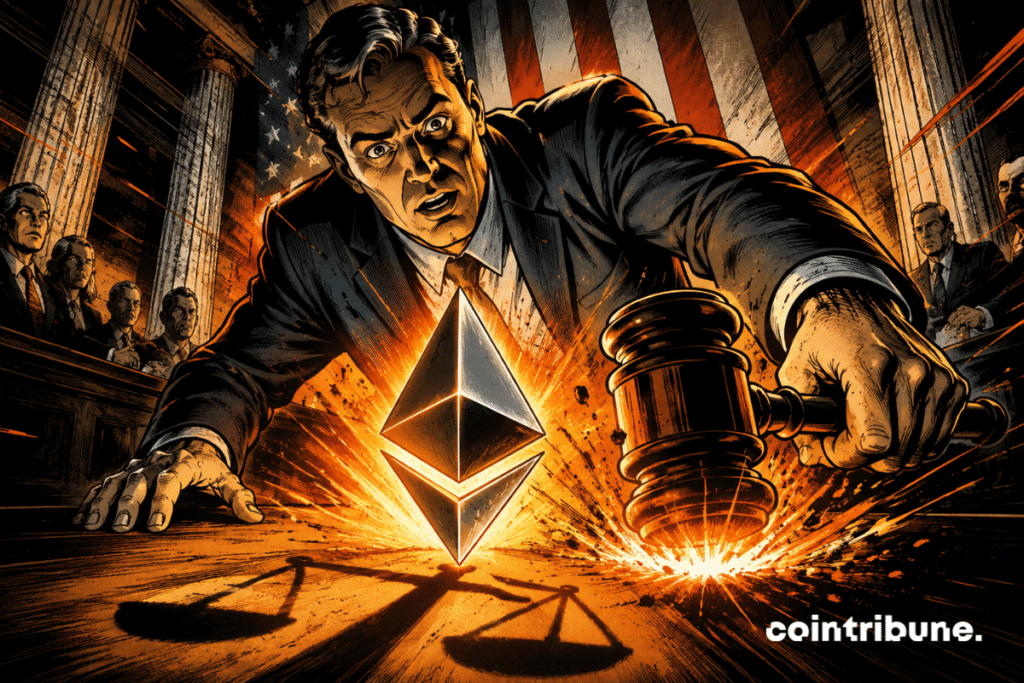 70s comic-style illustration showing a judge’s gavel striking near the Ethereum symbol, watched by a surprised financial executive.