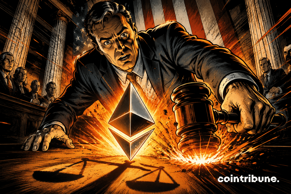 Illustration façon comics 70s montrant un marteau de juge frappant près du symbole Ethereum, sous le regard surpris d’un dirigeant financier.