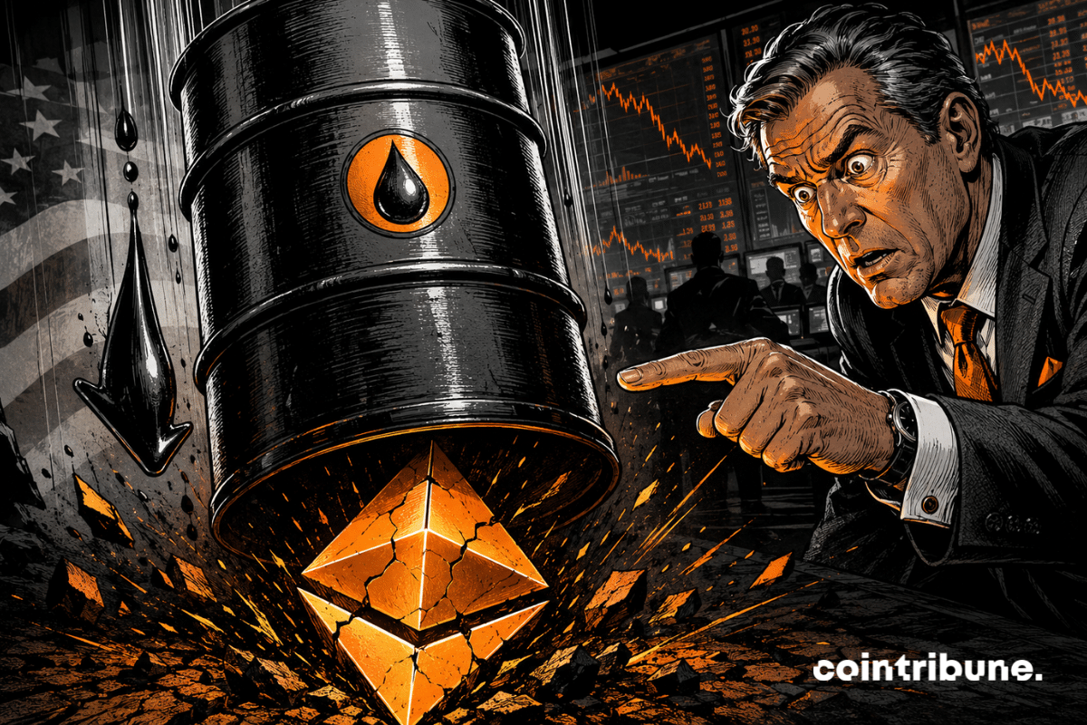 Un baril de pétrole écrase un symbole Ethereum fissuré, tandis qu’un analyste inquiet observe la scène dans une salle de marché sombre.
