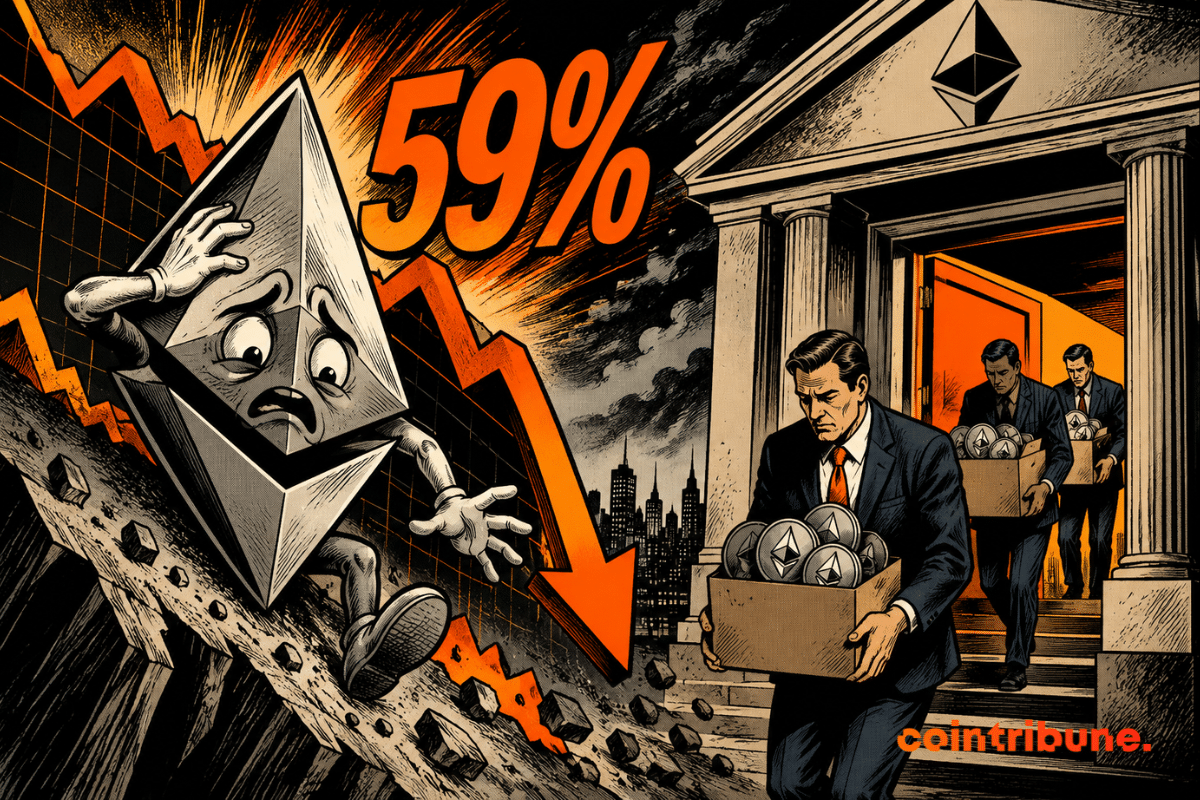 Illustration depicting a 59% drop in Ether, with a downward graph and investors carrying boxes of Ethereum.