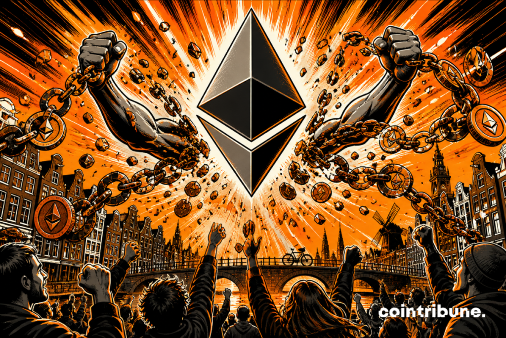 Ilustração do logotipo do Ethereum cercado por correntes quebradas, simbolizando o Glamsterdam e o aumento esperado da capacidade da rede.
