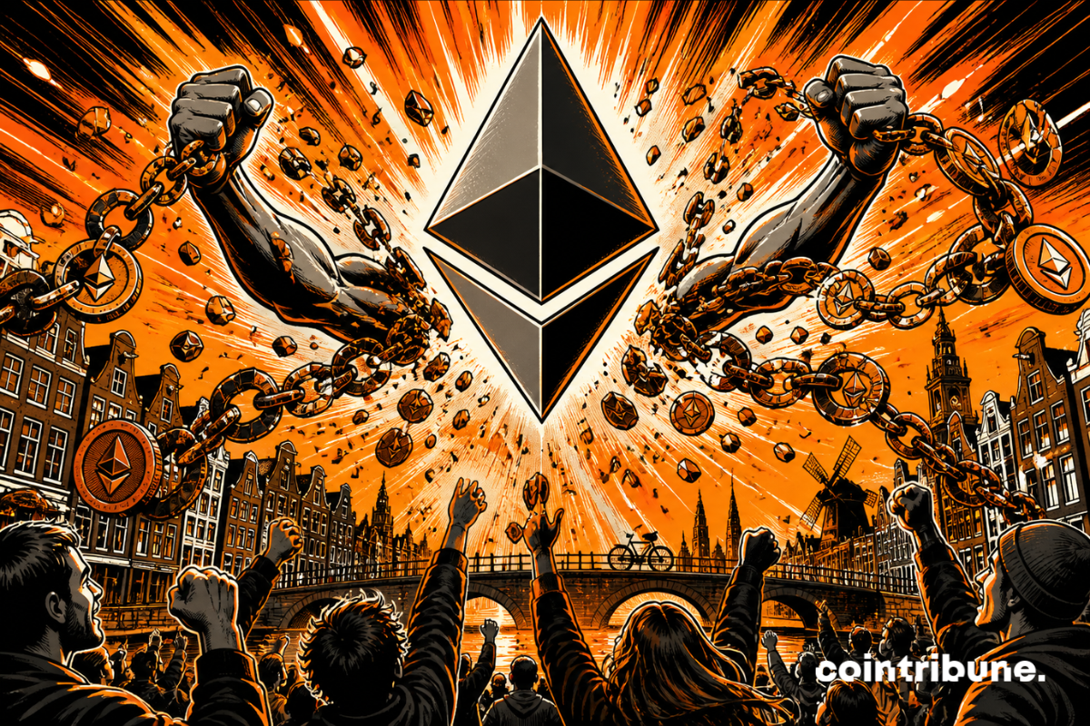 Illustration du logo Ethereum entouré de chaînes brisées, symbolisant Glamsterdam et la hausse attendue de capacité du réseau.