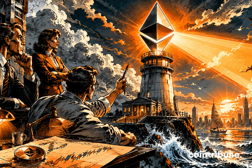 Un immense phare inspiré d’Ethereum éclaire l’horizon. Des analystes de Standard Chartered consultent des cartes et graphiques abstraits.