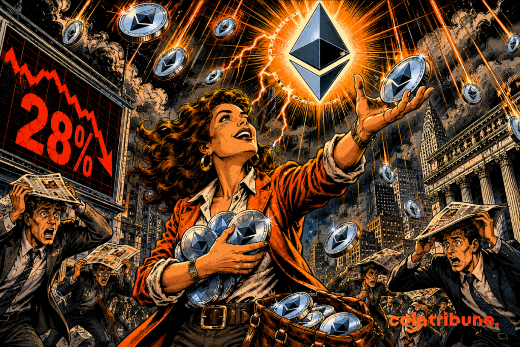 Illustration showing Ethereum at the center of a crypto market down 28%, while investors accumulate ETH tokens.