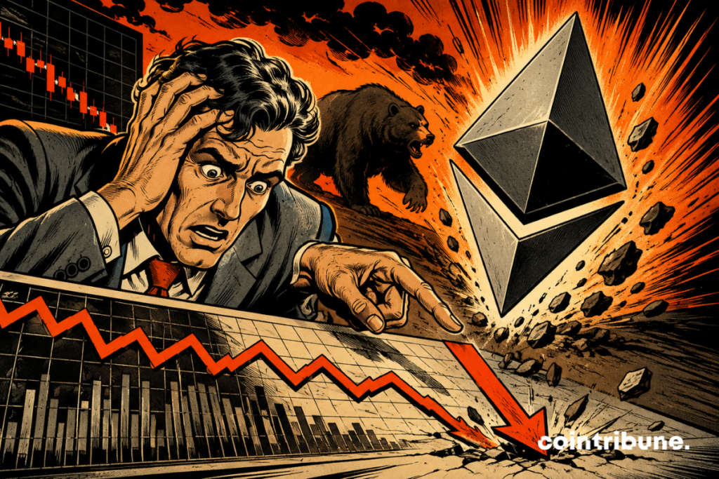 Illustration représentant la chute dramatique du prix de l’Ethereum avec un investisseur paniqué et un graphique en forte baisse.