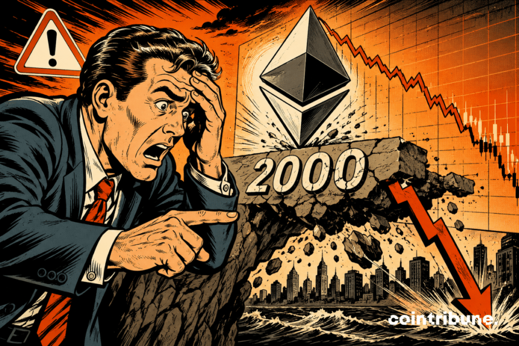 Illustration showing Ethereum under strong bearish pressure, with the ,000 threshold breaking down as a red chart drops sharply and an investor looks worried about the fall of ether.
